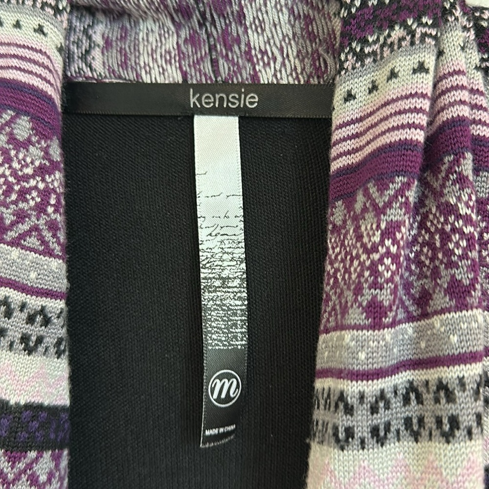 Kensie Fair Isle Shawl Collar Open Front Cardigan Sweater; black/purple, Medium - Picture 2 of 5
